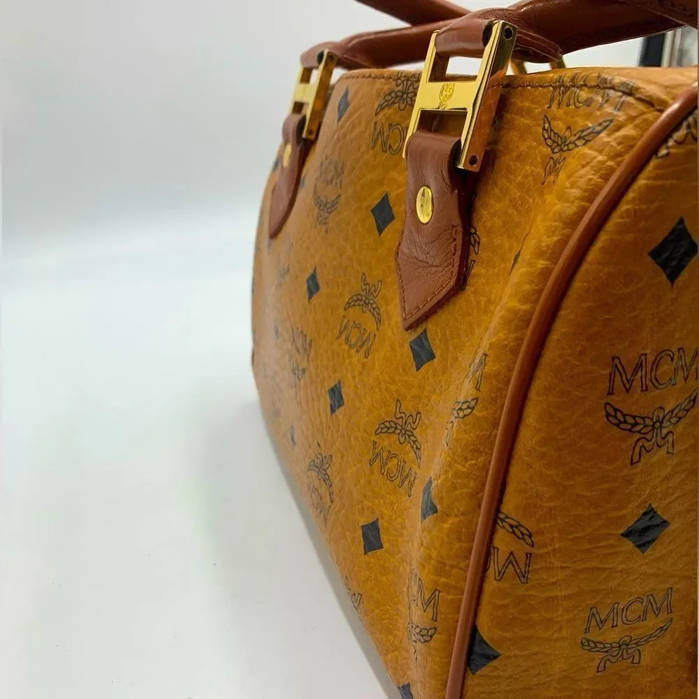 Auth MCM Visetos Cognac Brown Coated Canvas Leather Boston Tote Handbag Preloved